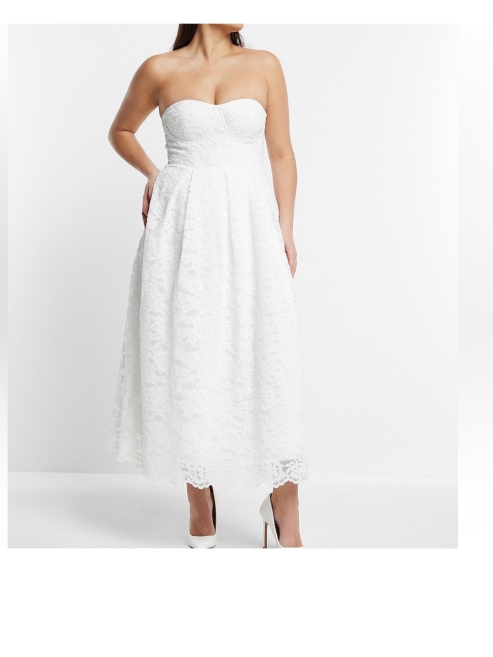 Express White Strapless Lace Midi Dress